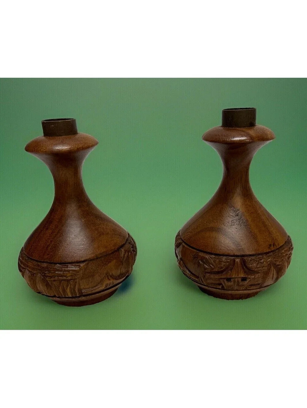 Set Of 2 Vintage Hand Carved Wooden Candle Sticks Polynesian Designs Palm Trees